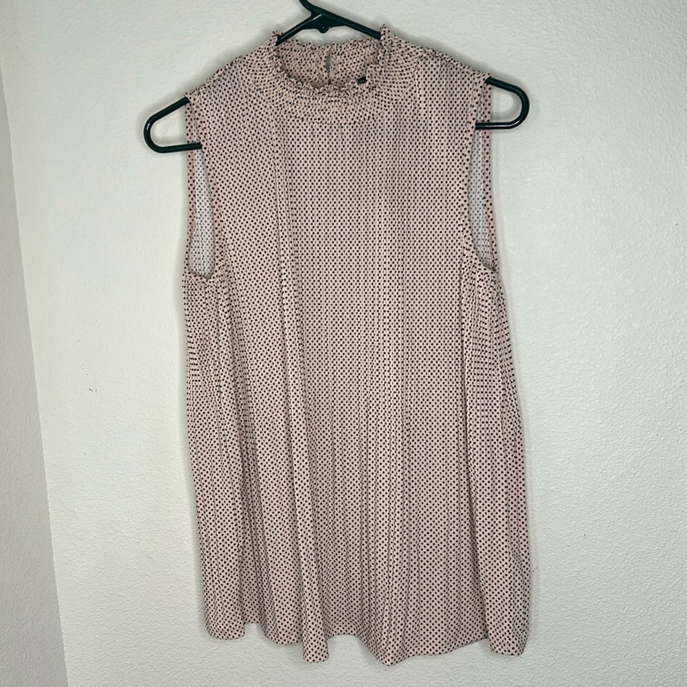 ADRIANNA PAPELL Blouse Women Polka Dot Ruffle Neck Sleeveless Pink Black Medium
